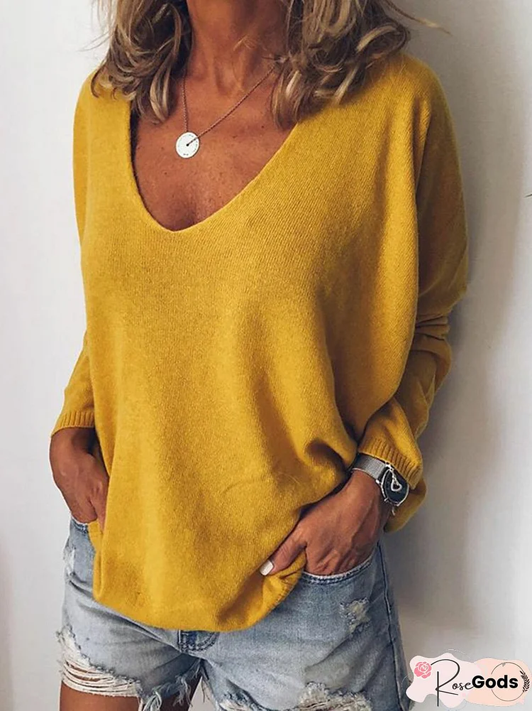 Plus Size Solid Sweater V Neck Knitted Top