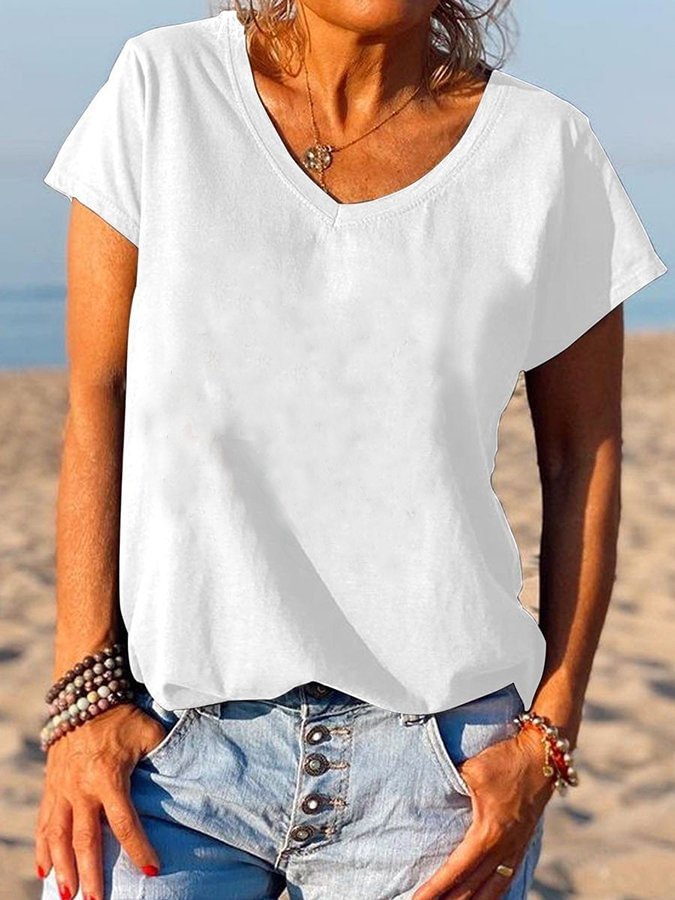 Solid Color V-Neck Short Sleeve Casual T-Shirt
