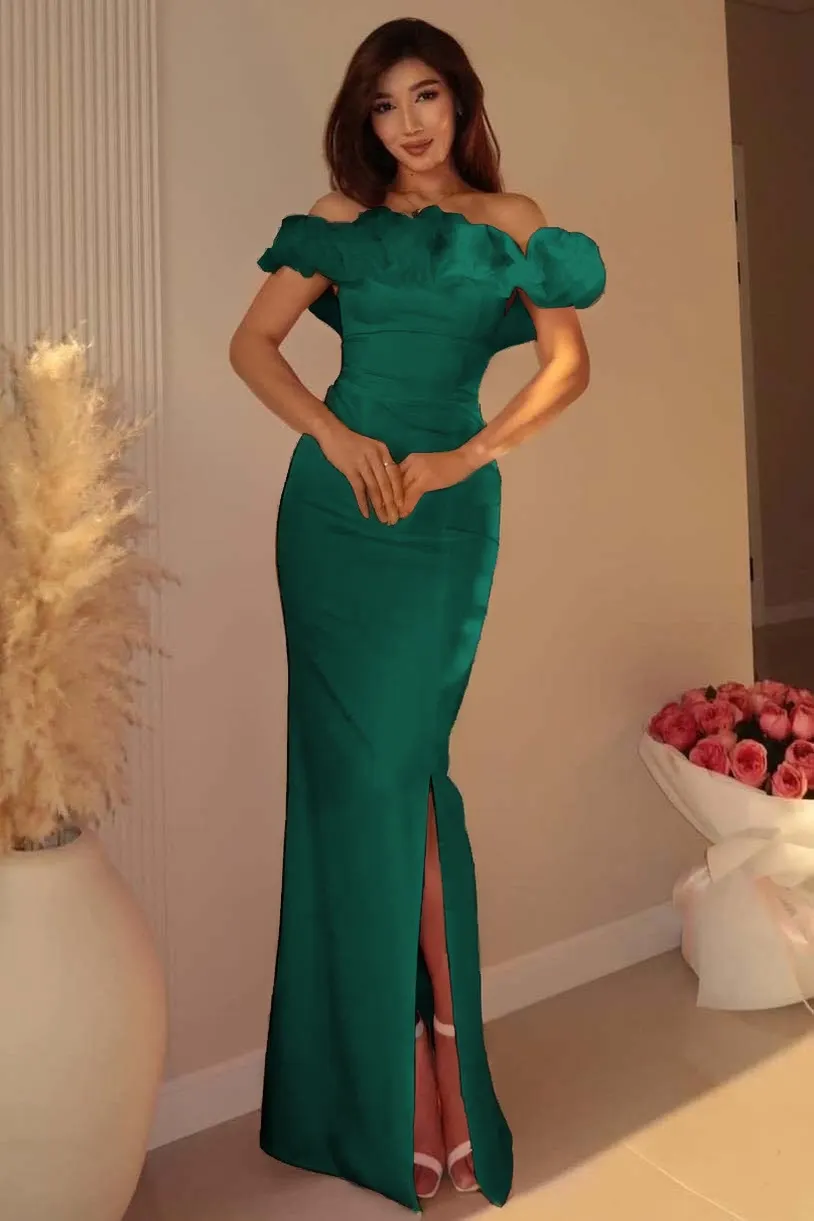 Lussooy Simple Pink Pleated Off the Shoulder Split Sheath Floor Length Prom Dress 