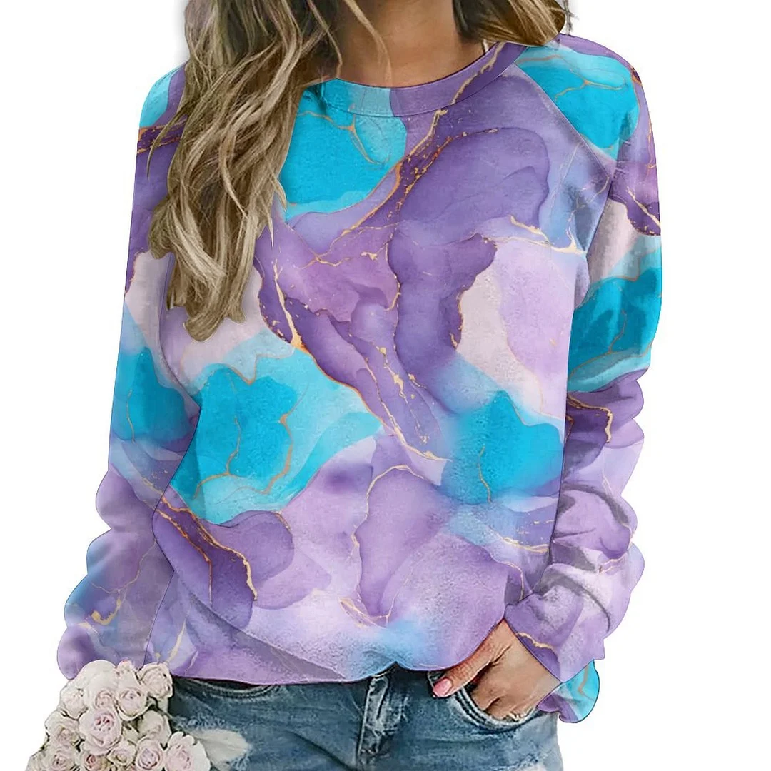Printed Long Sleeve Casual Sweatshirt for  Women and Men Unisex Pattern Marble, Purple, Blue