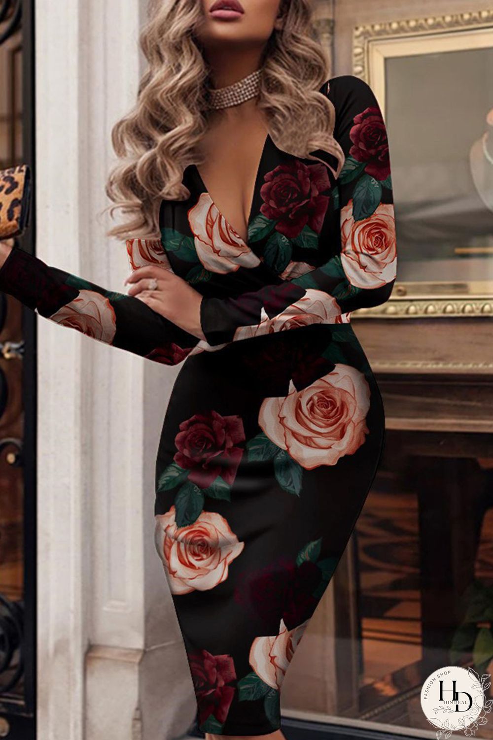 Black Fashion Casual Print Basic V Neck Long Sleeve Dresses