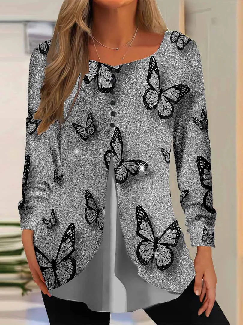 Women Graphic,Black DZGG8337 Long Sleeve Scoop Neck Printed Graphic Button Fake 2in1 Tops