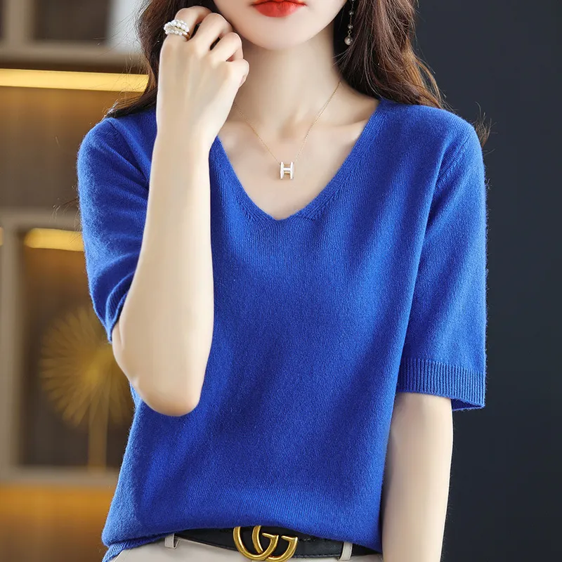 Churchf Churchf 2024 New Short-Sleeved Sweater Women's T-Shirt Solid Color V-Neck Short-Sleeved Bottom Shirt Top Thin Style A Hair