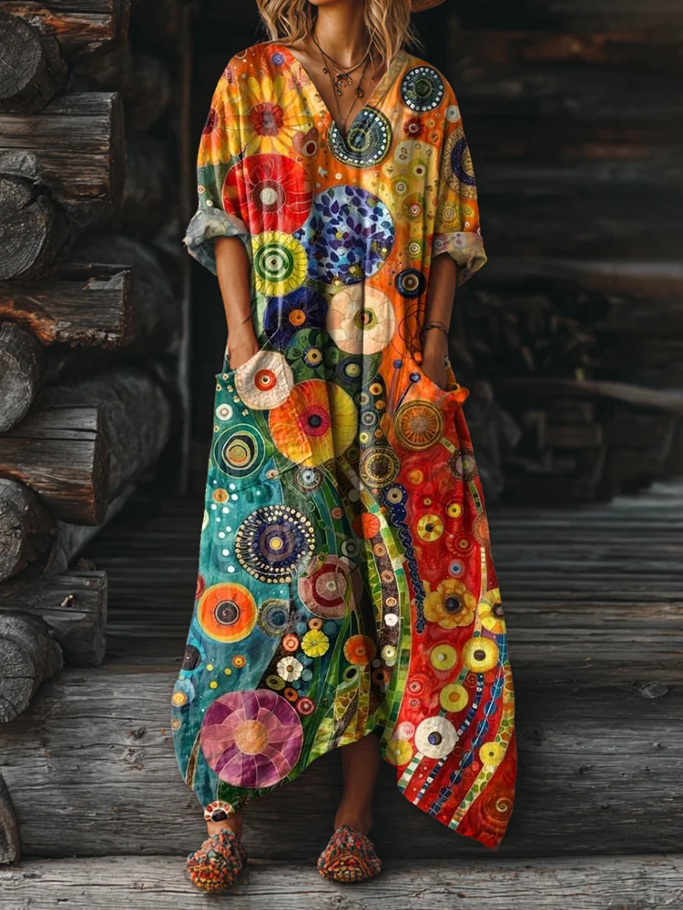 Women's Bohemian Floral Pattern Art Pattern Print Pocket V-neck Cotton Dress
