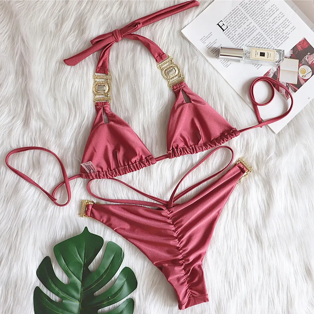 Uveng Uveng New Bikini Sexy Crystal Diamond Swimsuit Bandage Split Vintage Swimsuit Woman