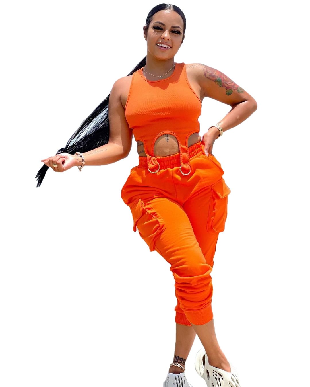 CM.YAYA Women Set Solid Sleeveless Crop Tops Pencil Pants with Pockets Active Tracksuit Fashion Casual Outfits Summer Workouts