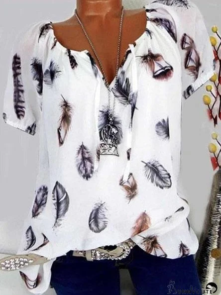 Casual V-neck Feather Print Short-sleeved Shirt for Women