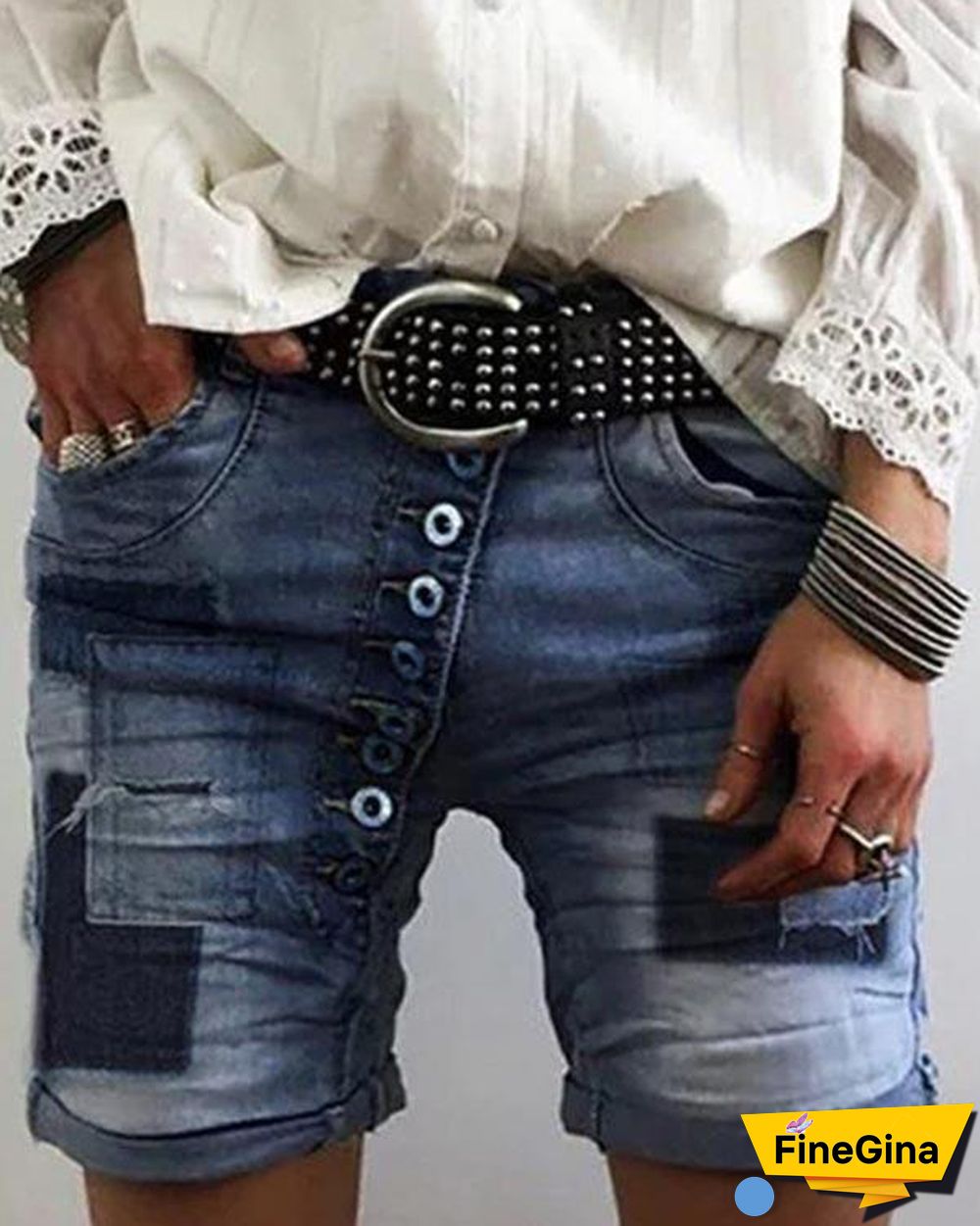 Patch Paneled Buttoned Folds Casual Short Jeans