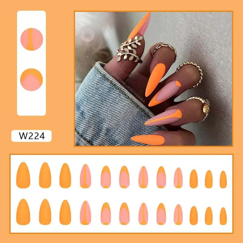 Churchf Churchf Texture Bright Bright Orange Almond Nail Round Head Ballet Nail 24 Nails