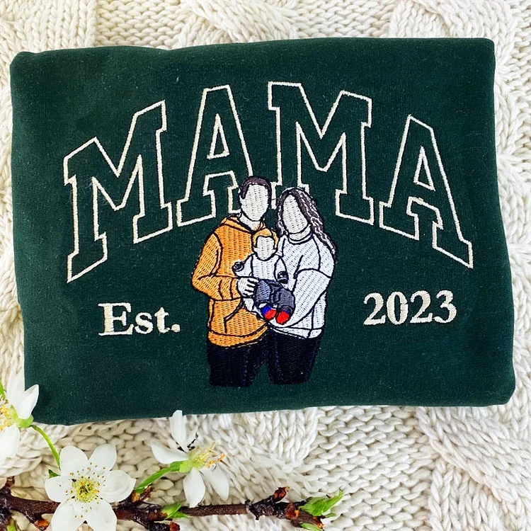 Custom Embroidered Sweatshirt Hoodie Mama and Kids Portrait with Photo - Mother's Day Gifts