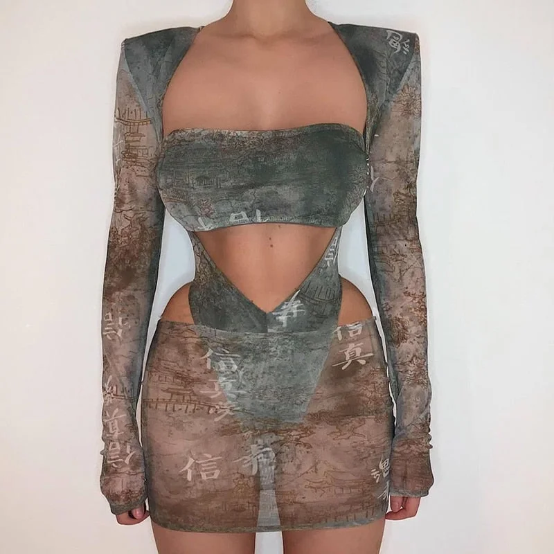 BIIKPIIK Character Printing Hollow Out Slim Long Sleeve Tops Women Square Collar Mesh Sexy Bodysuits One Piece Vintage Partywear