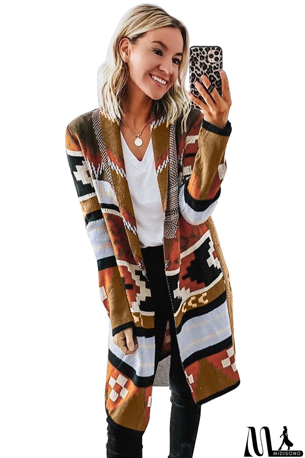 MidiSono - Multicolor Ethnic Style Knee Length Open Front Cardigan