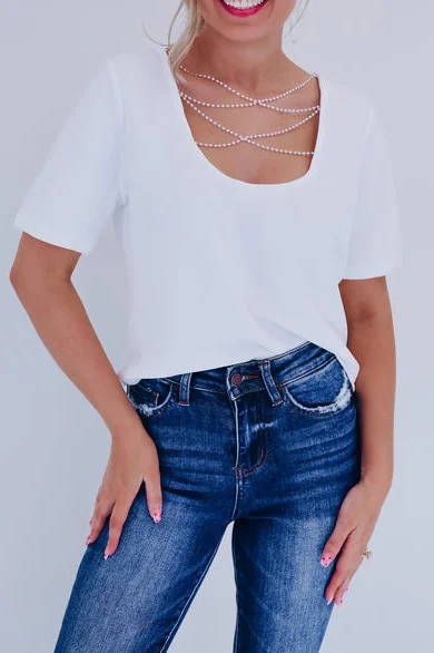 Pearl beaded backless two-wear short-sleeved solid color top