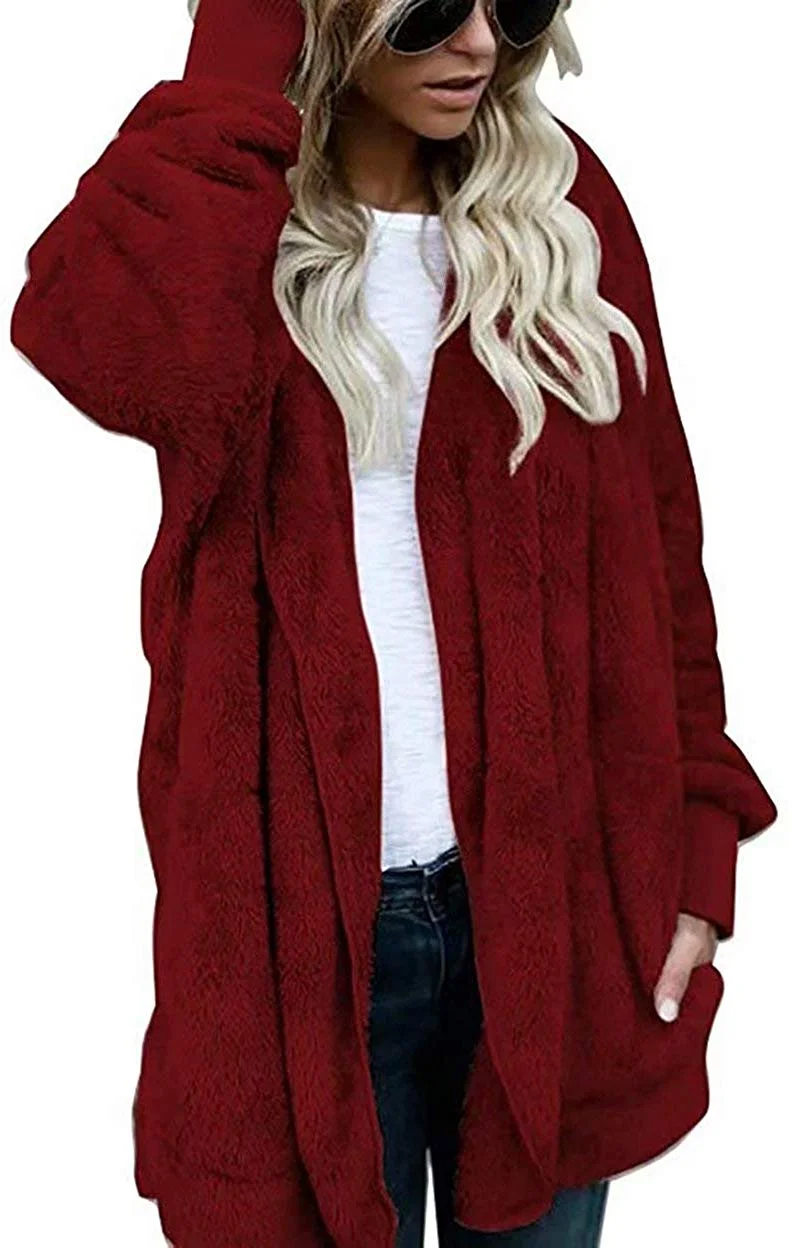 Women Hooded Cardigan Fluffy Fleece Coat Open Front Jacket Outwear Pockets