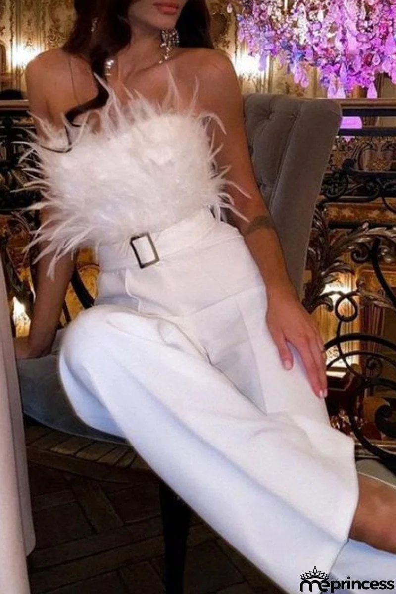 Sexy Solid Patchwork Feathers With Belt Strapless Straight Jumpsuits(Contain The Belt)