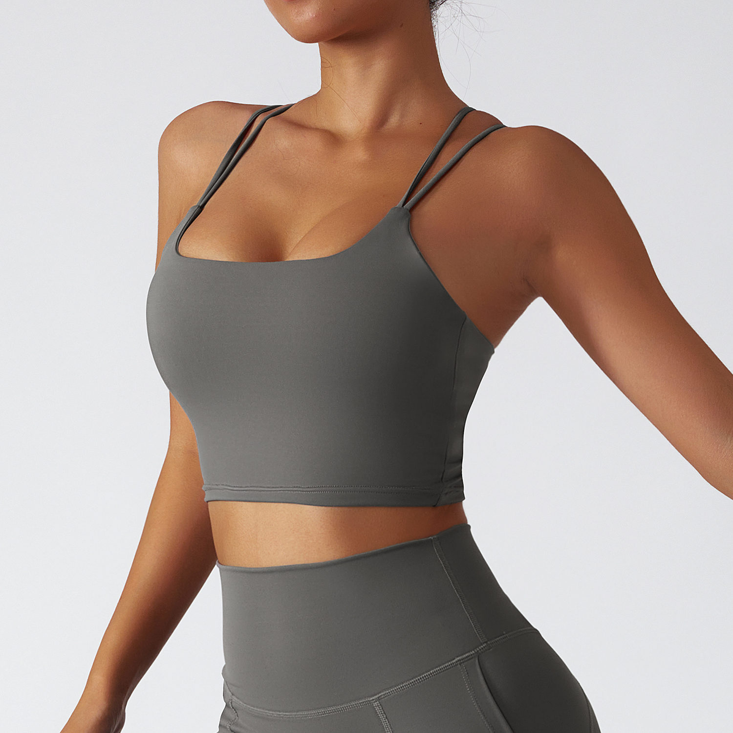 Buy Hergymclothing Moonstone Gray sustainable recycled material criss cross thin straps breathable sports bra online