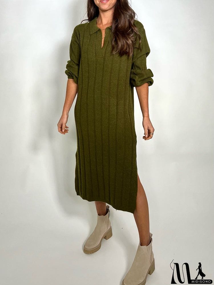 MidiSono - Simple Long Sleeves Crochet Jacquard Polo Sweater Maxi Dresses