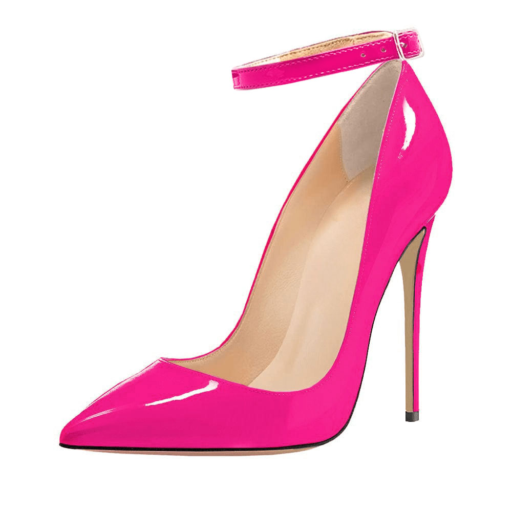 Patent Leather Buckled Ankle Strap Stiletto Pumps Heels in Fuchsia