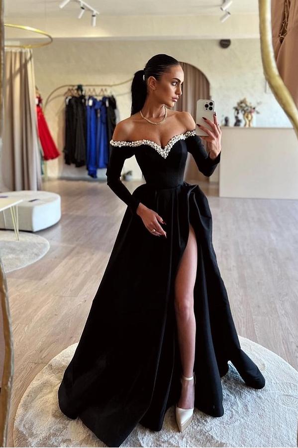 Oknass Elegant Black Off the Shoulder Long Sleeves Pearl Split Prom Dress
