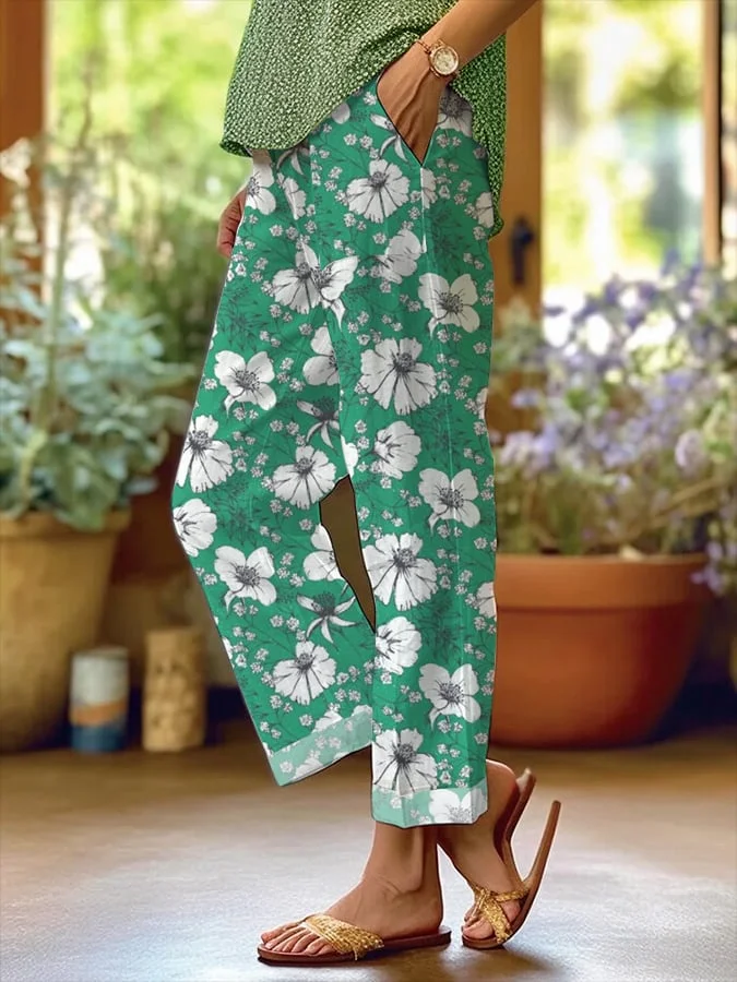 Women's Botanical Floral Design Loose Pocket Patchwork Casual Pants