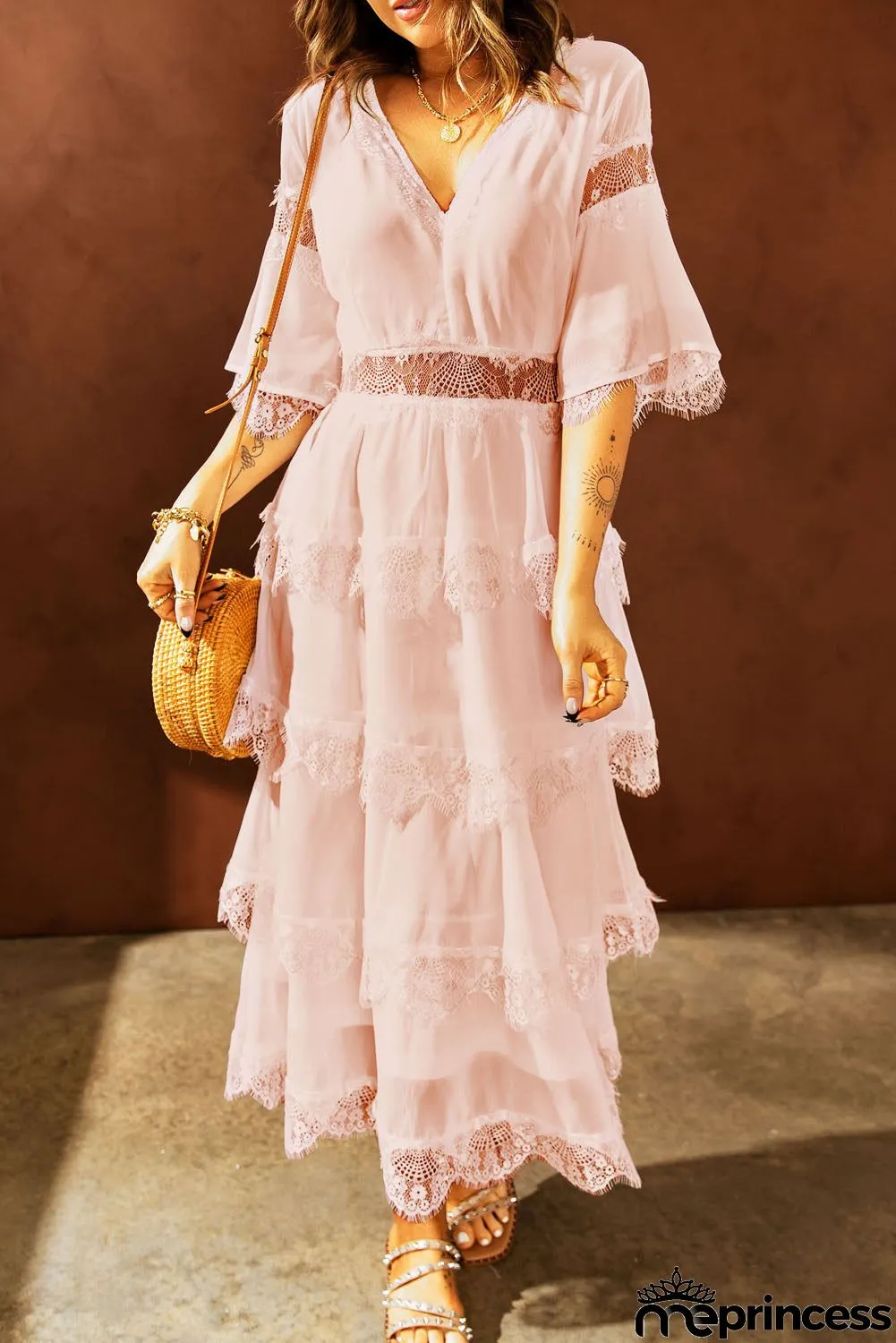 Pink Lace Patch Layered Long Dress