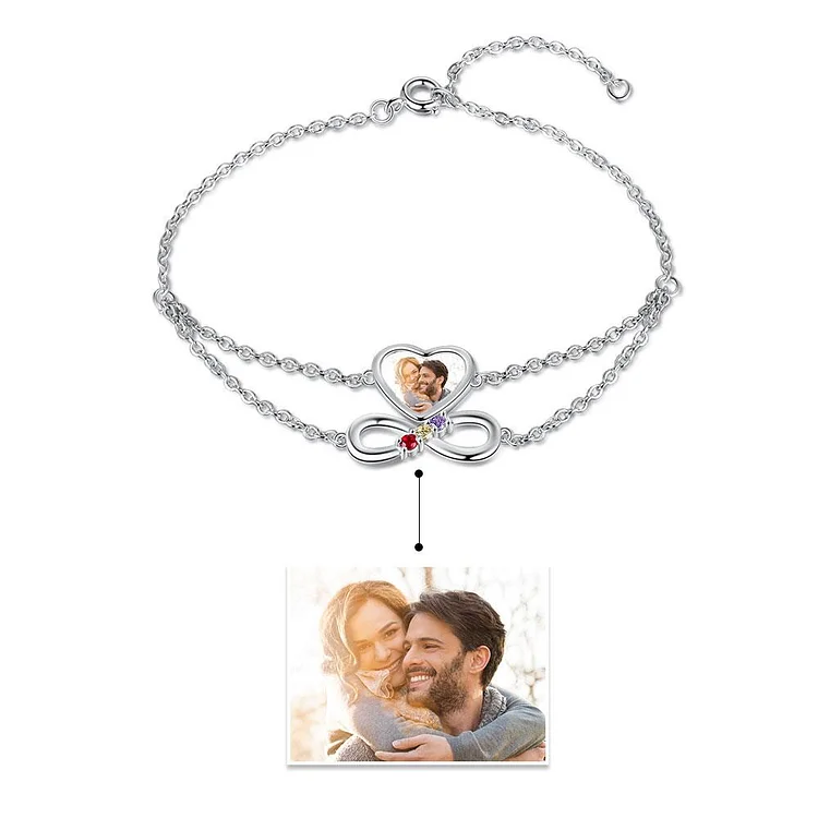 Heart Photo Bracelet Infinity Bracelet with 3 Birthstones Personalized Gift