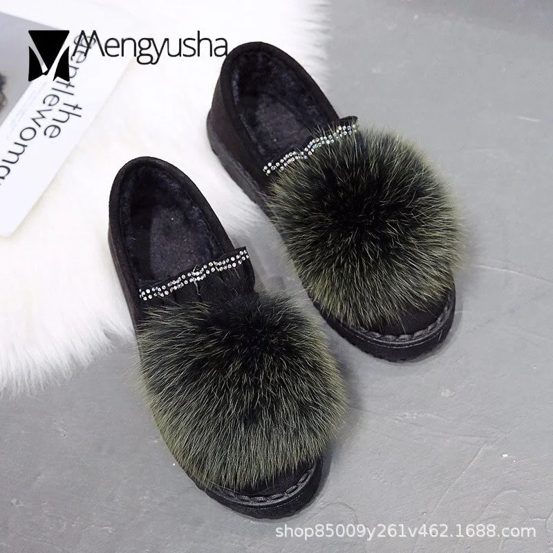 2020 Chic Pompon rabbit fur moccasins femme warm plush winter shoes women crystal pleated cotton flats woman comfy furry loafers