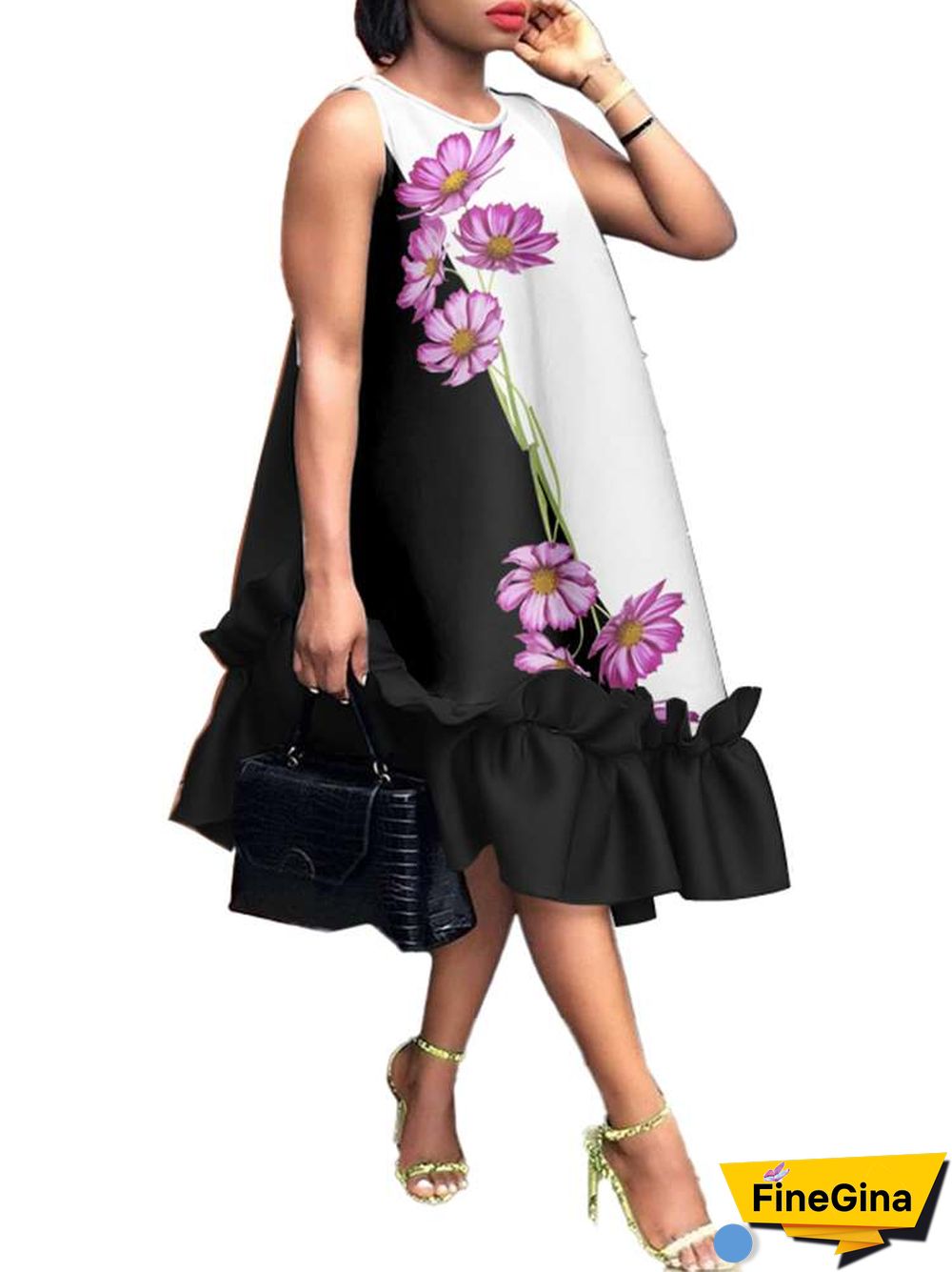 Women Elegant Midi Dress Summer Party Long Dresses VONDA Sexy Sleeveless Fashion Beach Floral Print Ruffled Tank Vestidos