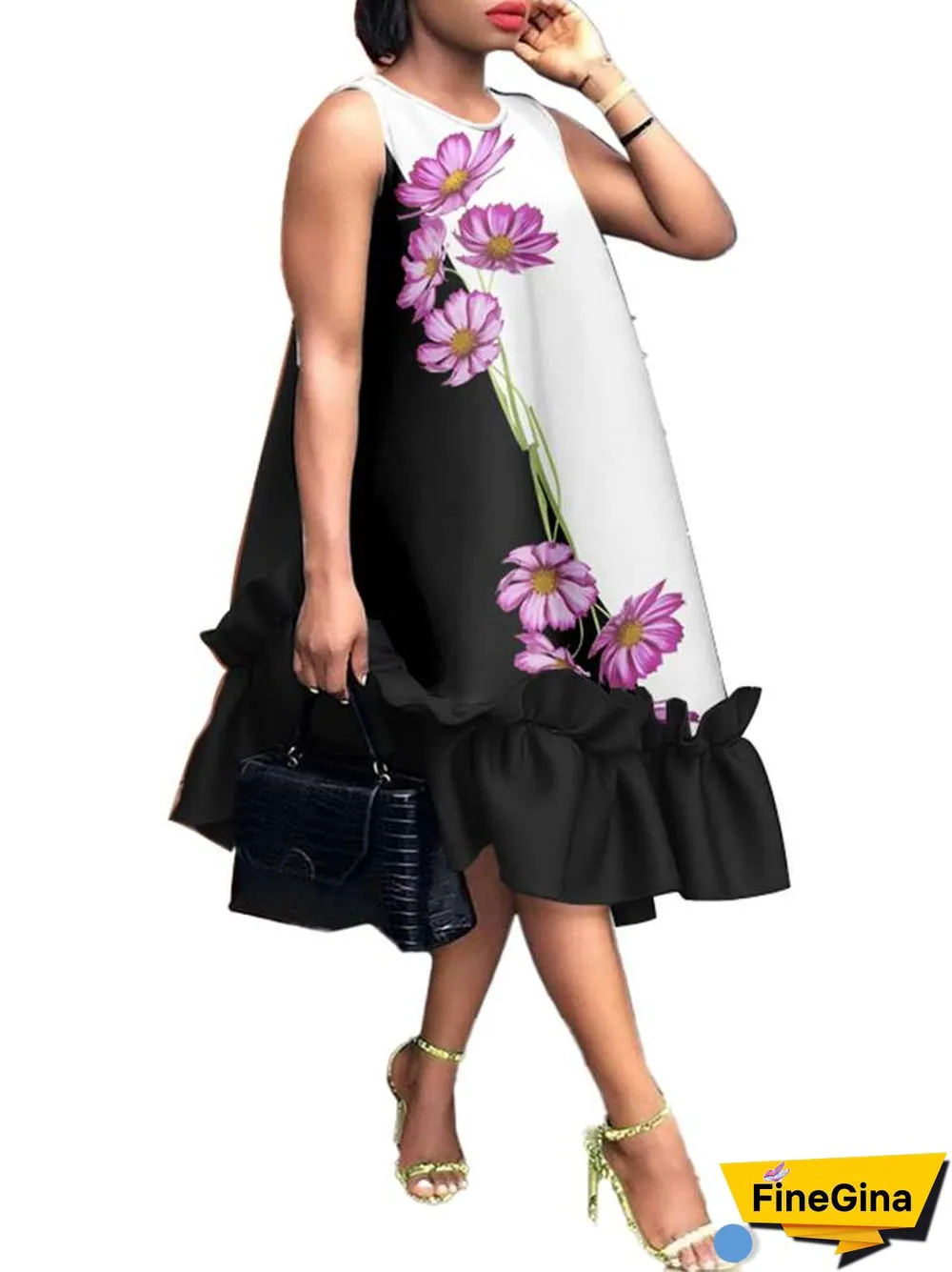 Women Elegant Midi Dress Summer Party Long Dresses VONDA Sexy Sleeveless Fashion Beach Floral Print Ruffled Tank Vestidos