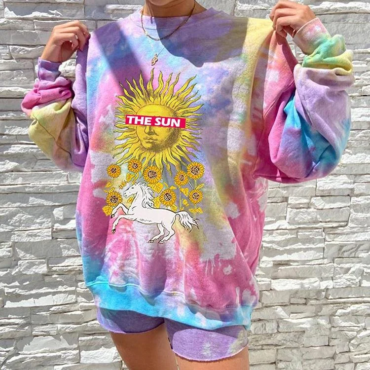 Ladies Sun Moon God Print Sports Long Sleeve Round Neck Loose Casual Pullover Sweater-Allyzone-Allyzone