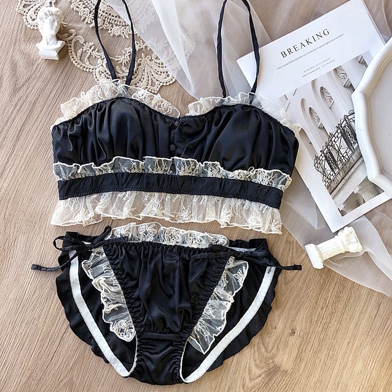 Wriufred Vintage satin lace wire free bandeau bra set private house sexy fairy lingerie sets nightwear cotton cup underwear
