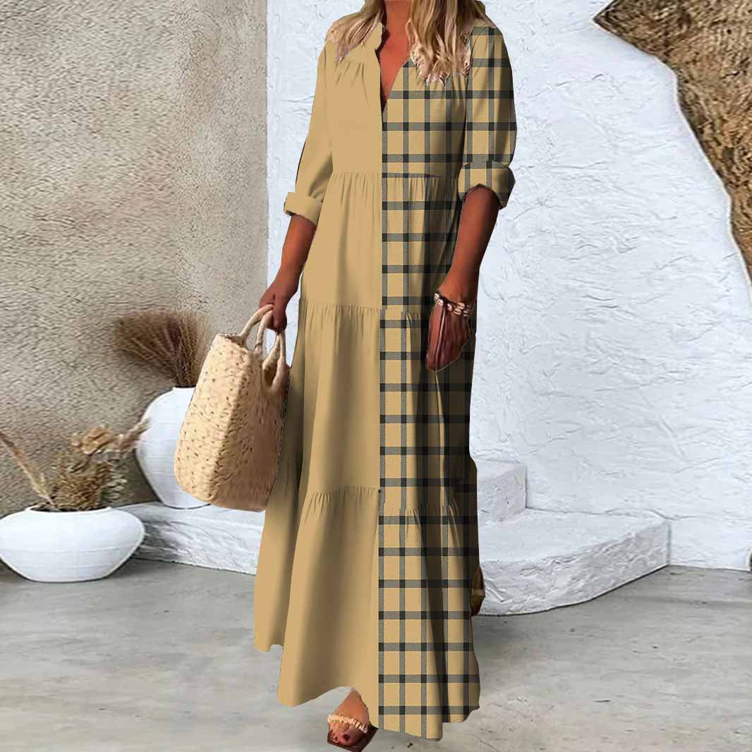 Women Checkered,Khaki,Black DZDN0308 SPU Printed Long Sleeve V-neck Maxi Dress