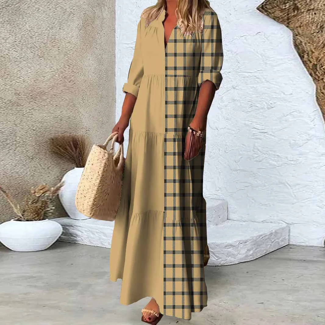 Women Checkered,Khaki,Black DZDN0308 SPU Printed Long Sleeve V-neck Maxi Dress
