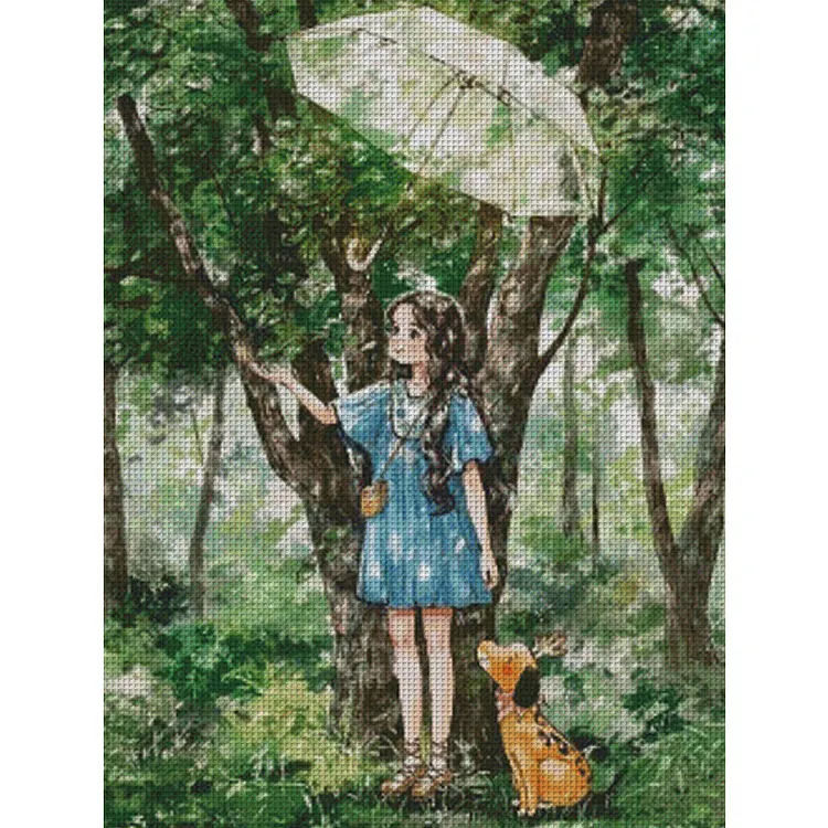【Xiaobai Brand】Forest Girl in Raindrops 55*70cm 14CT Stamped Canvas Cross Stitch gbfke
