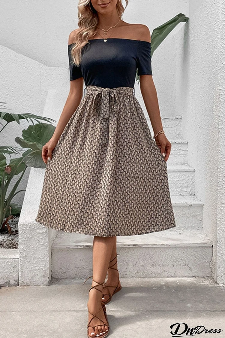 Printed Tie Belt Off-Shoulder Dress