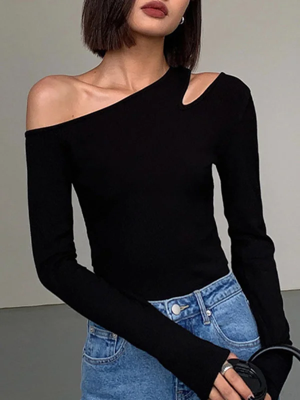 Split-Joint Solid Color Hollow Asymmetric Skinny Long Sleeves One-shoulder T-shirts