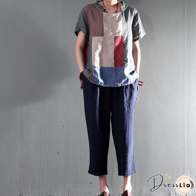 New gray patchwork women linen shirt plus size short blouse top