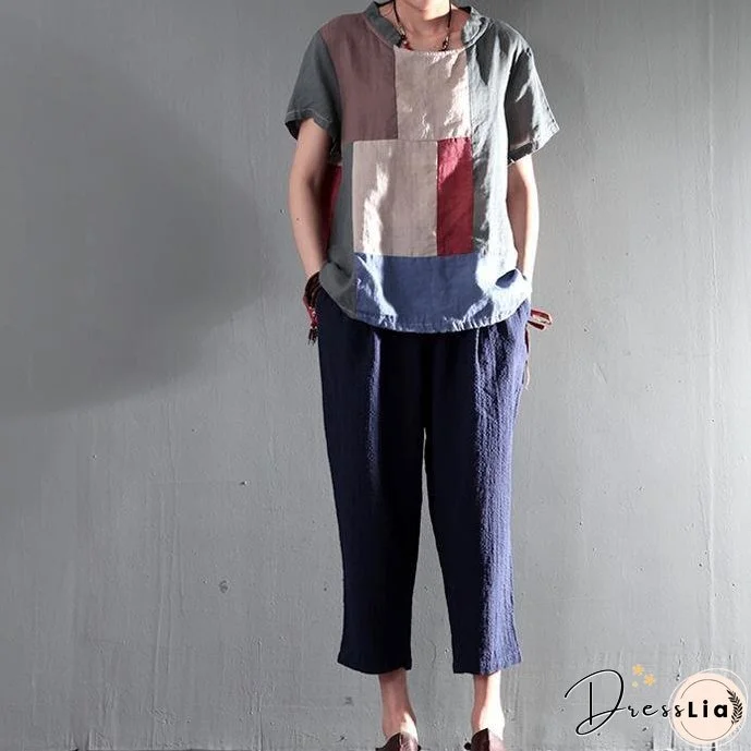 New gray patchwork women linen shirt plus size short blouse top