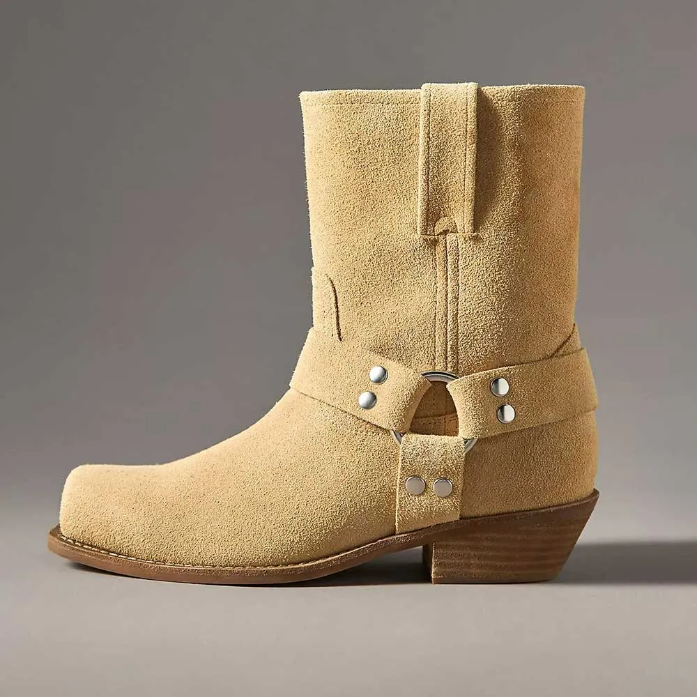 Khaki Square Toe Block Heel Studded Ring Ankle Boots for Women