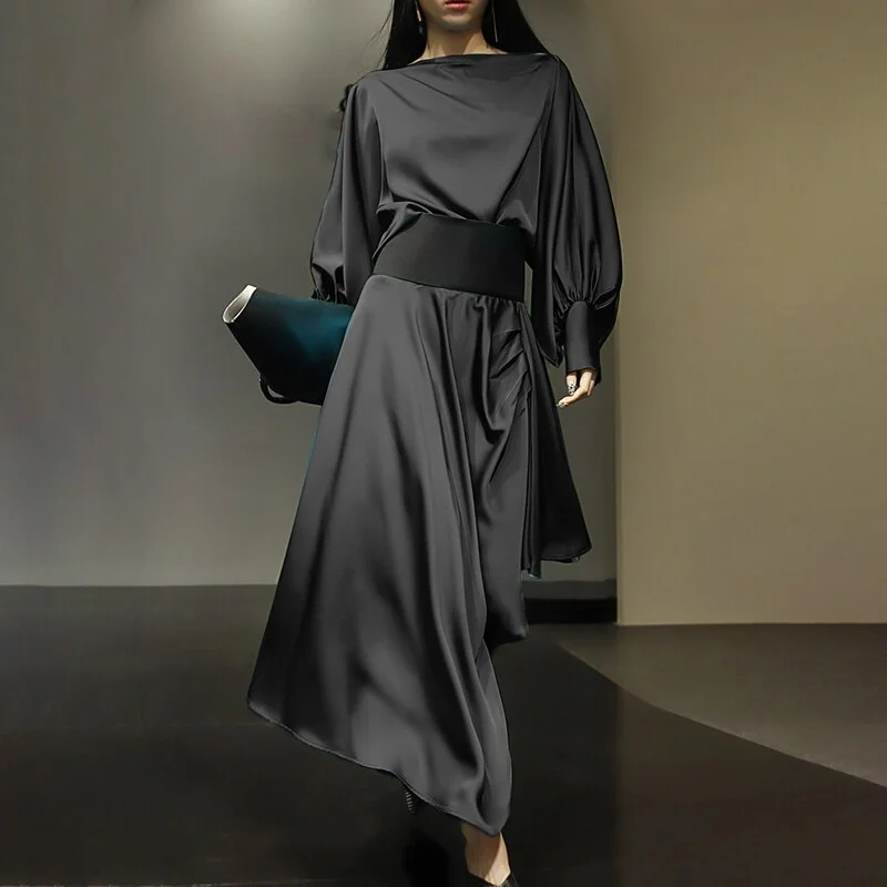 QJONG Loose Two Piece Set Womens Round Neck Long Sleeve Tops High Waist Split Midi Skirt Female Fashion Clothes Style New