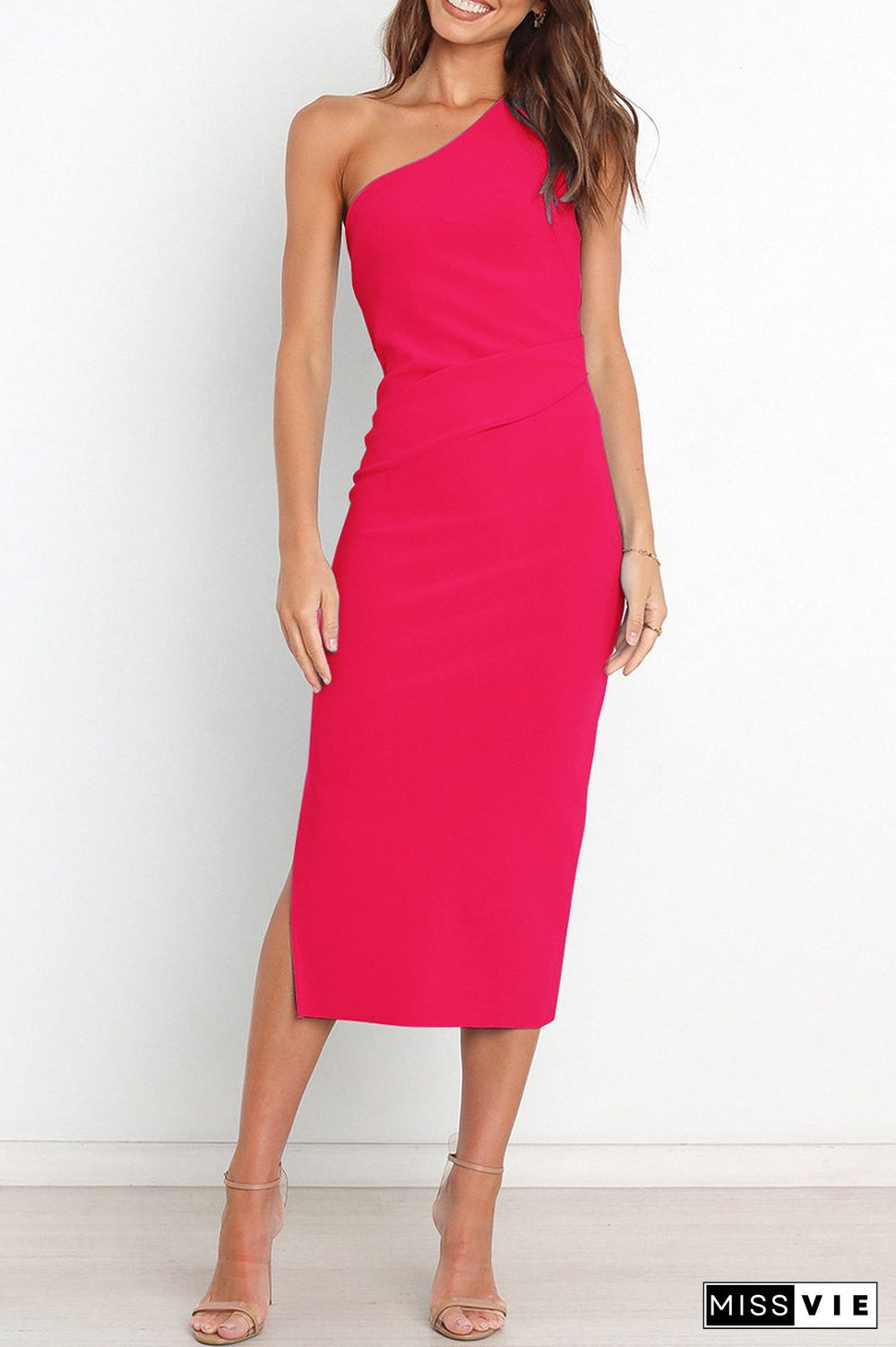 Sexy Simplicity Solid Fold Oblique Collar A Line Dresses