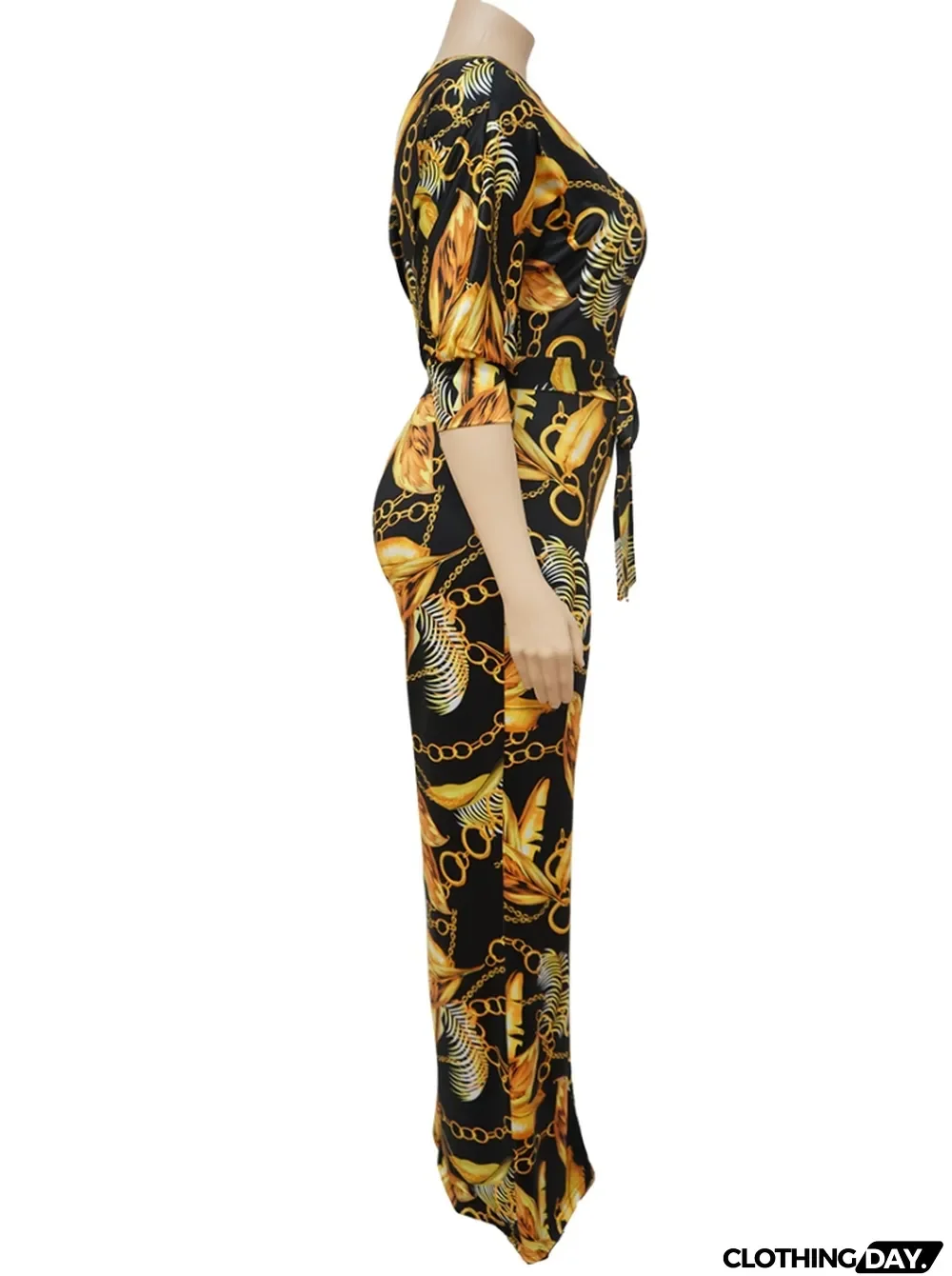 Women Autumn Gold Modest Slash Neck Half Sleeves Print Belted Full Length Loose Plus Size Jumpsuit