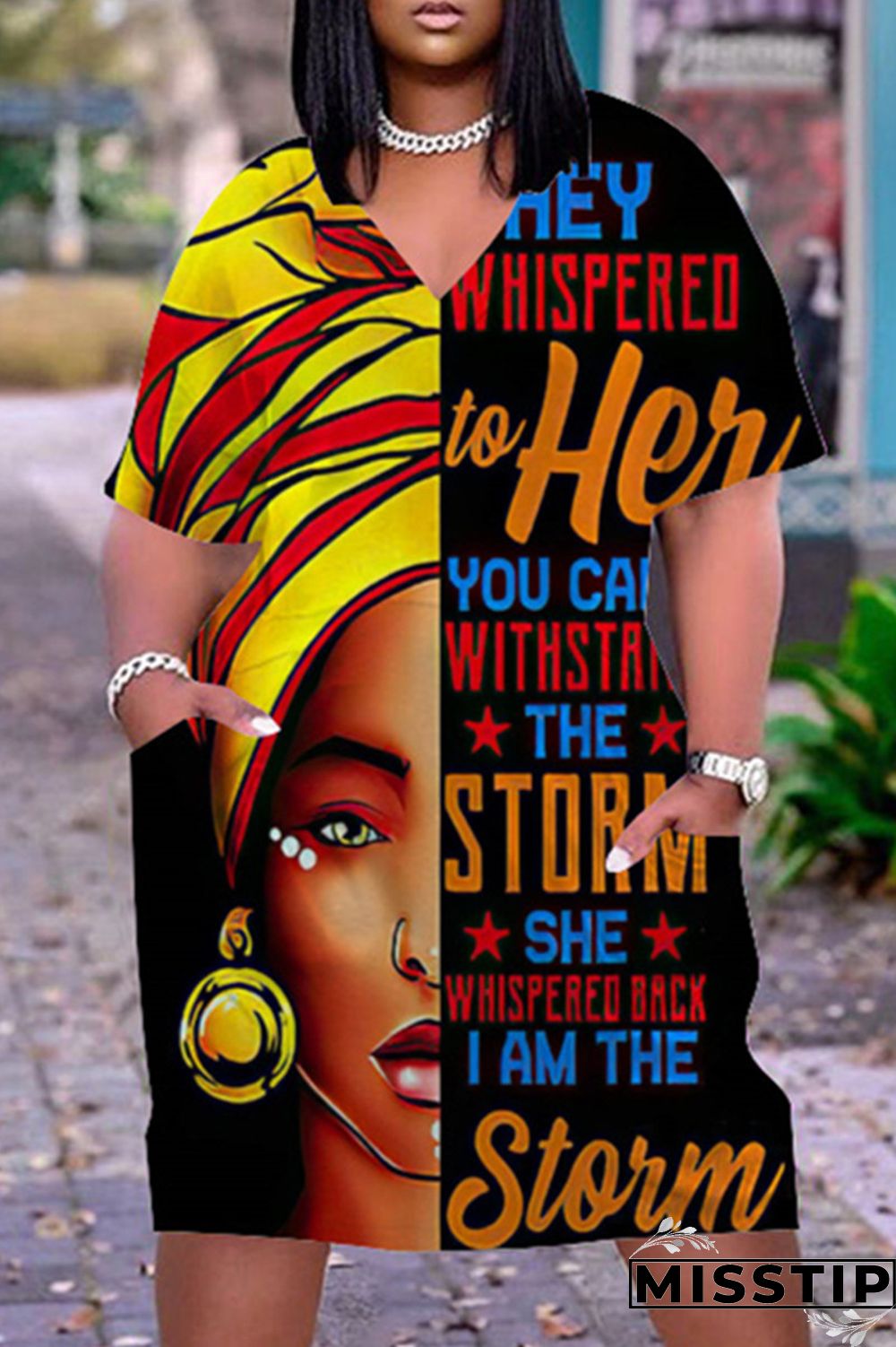 Black Orange Fashion Casual Print Basic V Neck Short Sleeve Dress