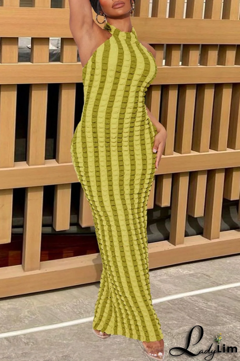 Green Sexy Striped Backless Halter Long Dress Dresses