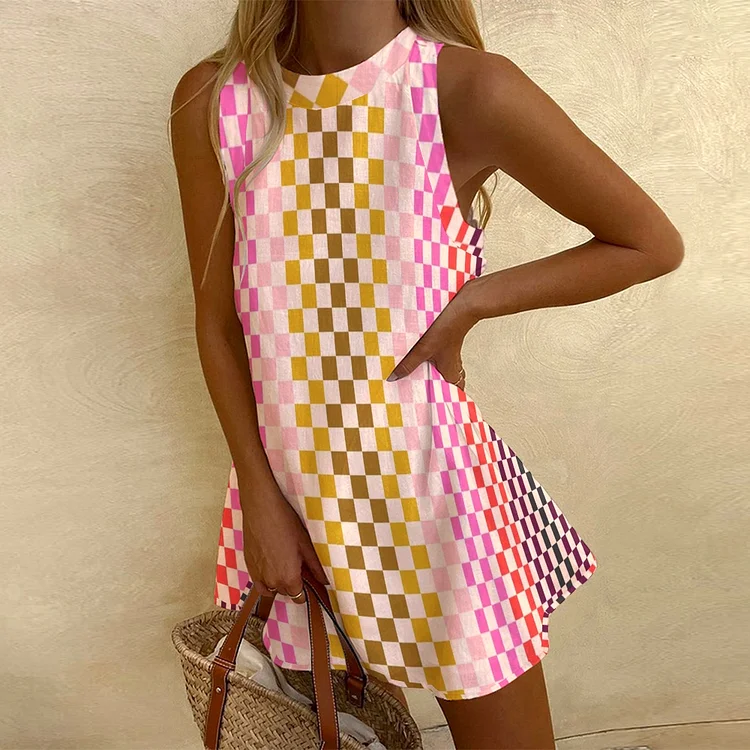 Women's Sleeveless Color Square Printed Dress