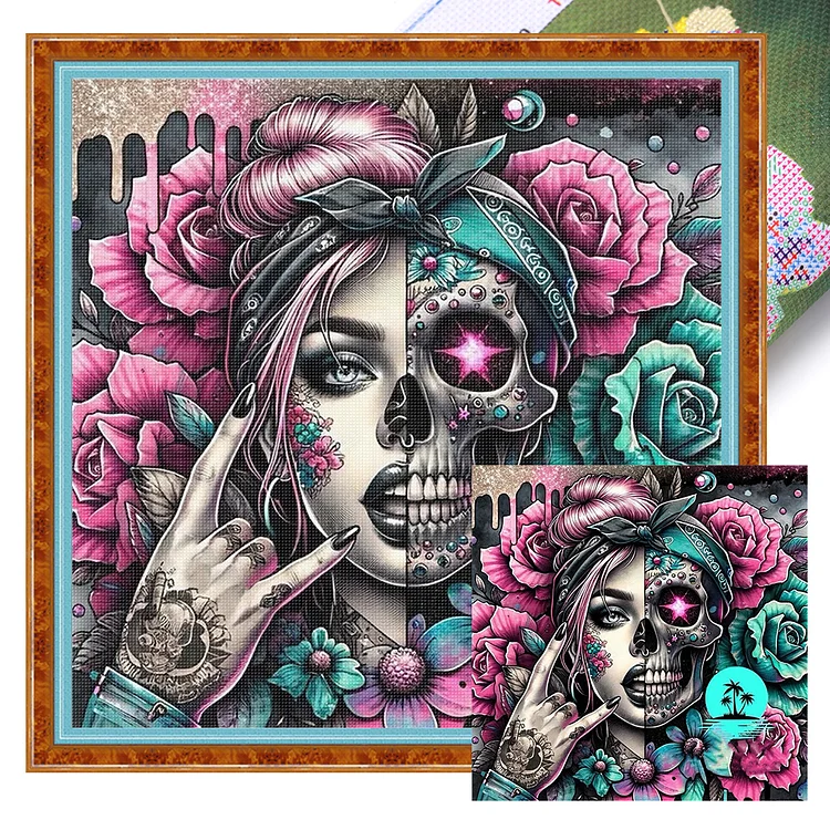 【Huacan Brand】Skull girl 40*40cm 11CT Stamped Canvas Cross Stitch gbfke