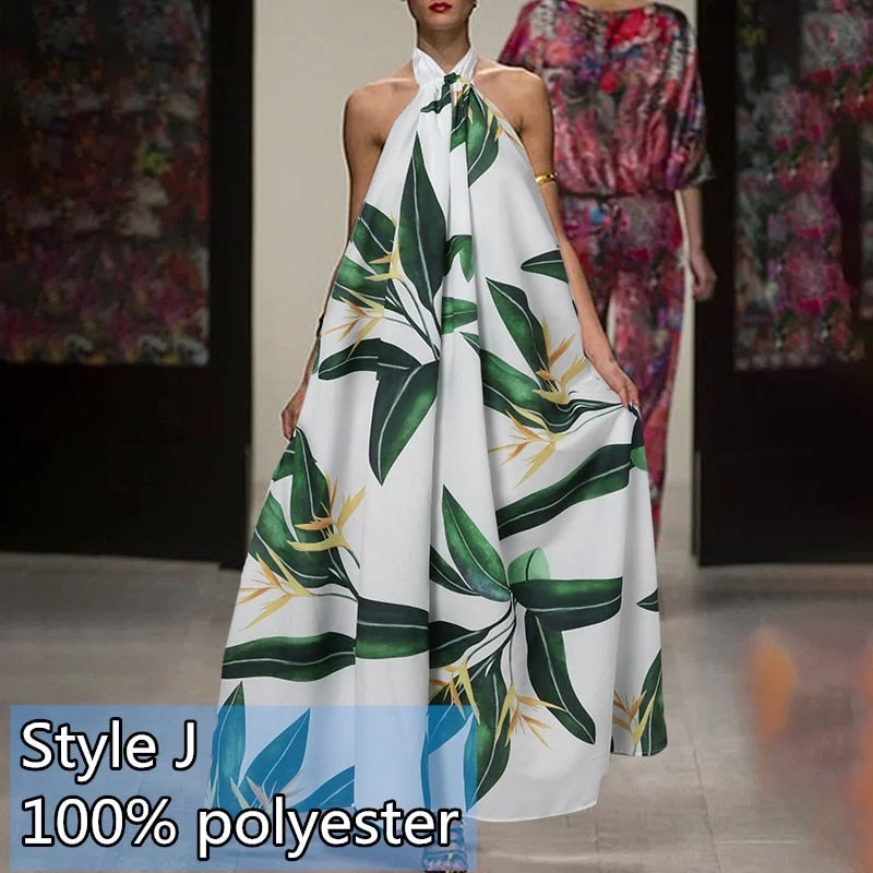 Summer Halter Print Dress Women Celmia Casual Sleeveless Ruffles Floral Maxi Sundress Sexy Backless Beach Party Bohemian Vestido