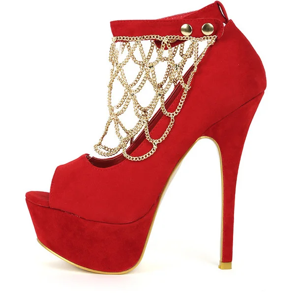 Red Platform Ankle Strap Heels with Gold Chains Vdcoo