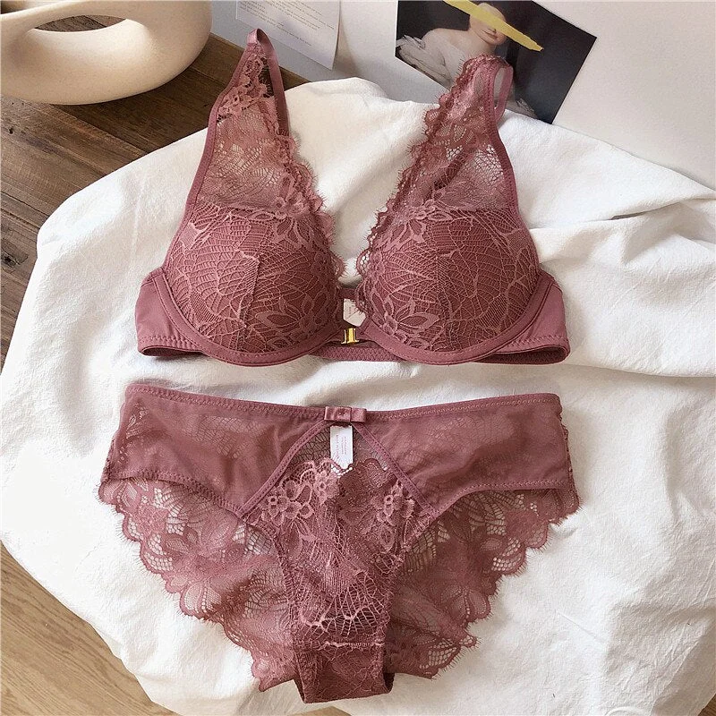 Wriufred Lace Front Buckle Bra Set Deep V Gather Sexy Hollow out Women's Underwear Soft Steel Ring Breathable Lingerie Sets