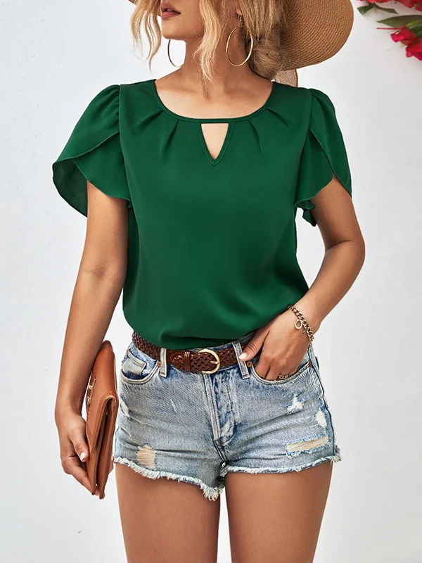 Hollow Solid Color Loose Short Sleeves Round-Neck T-Shirts Tops